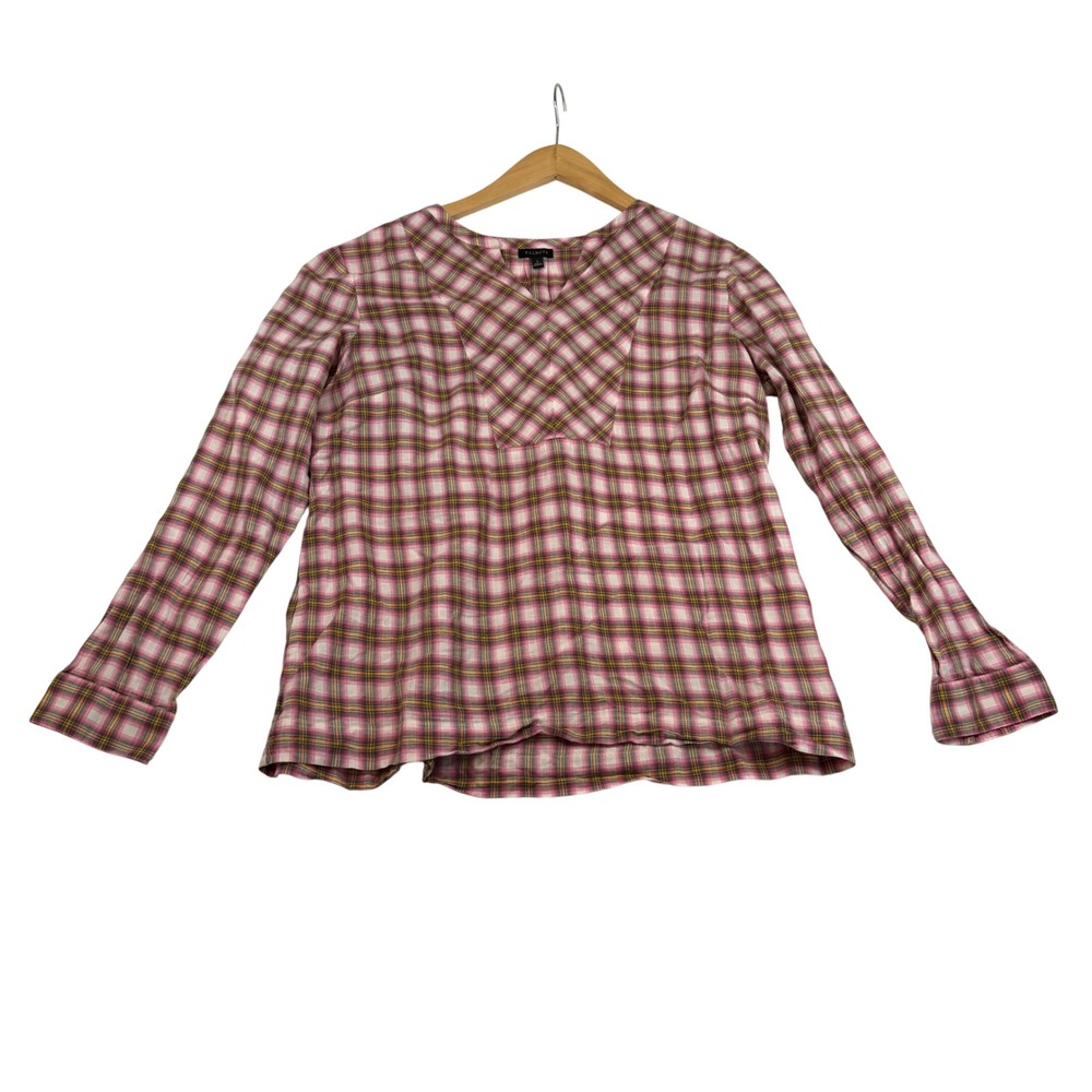Talbots Pink Yellow Plaid Cotton V-Neck Blouse Long Sleeve Top Womens Large L